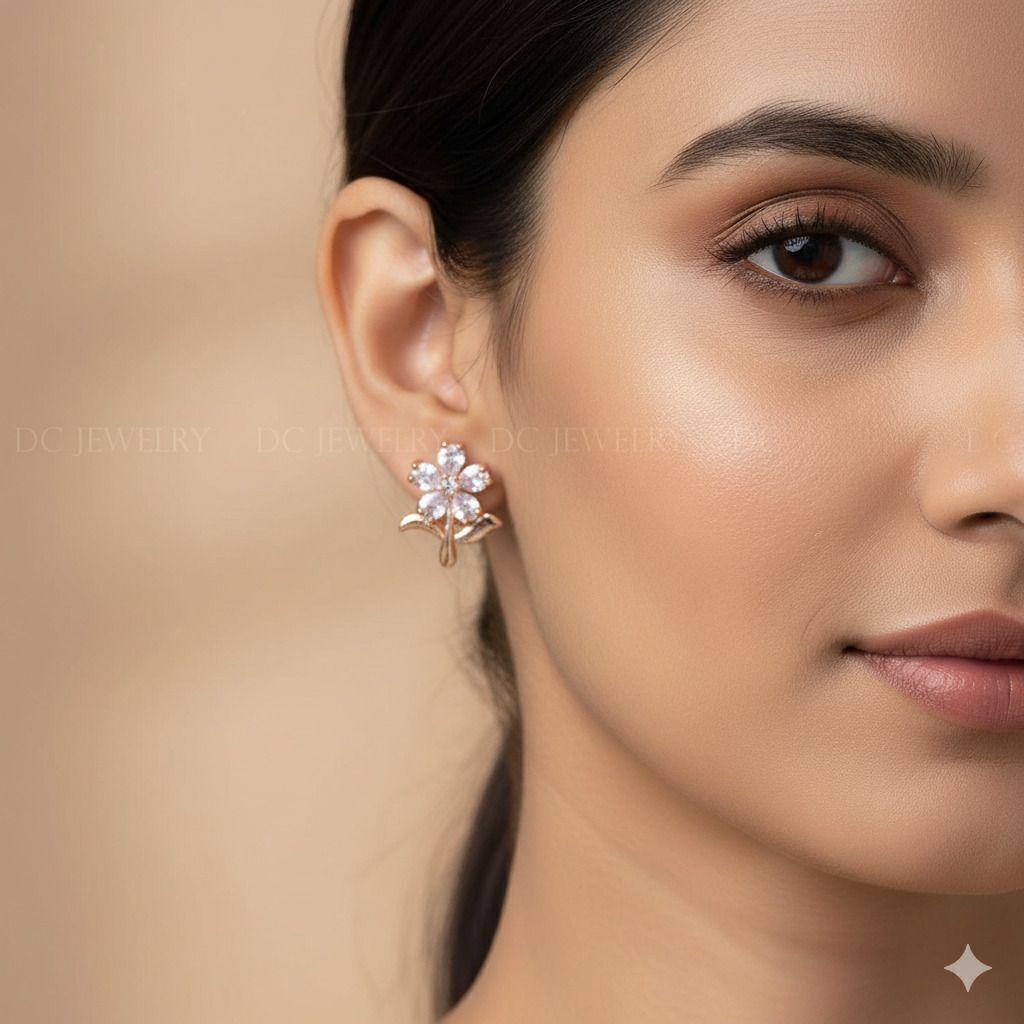 Forevershine Anti Tarnish Rose Gold Flower Stud Earrings, Cubic Zirconia, Floral Design With Stem|lightweight|gift For Her|skin Friendly & Hypoallergenic|stylish Jewelry For Women & Girls - Image 2