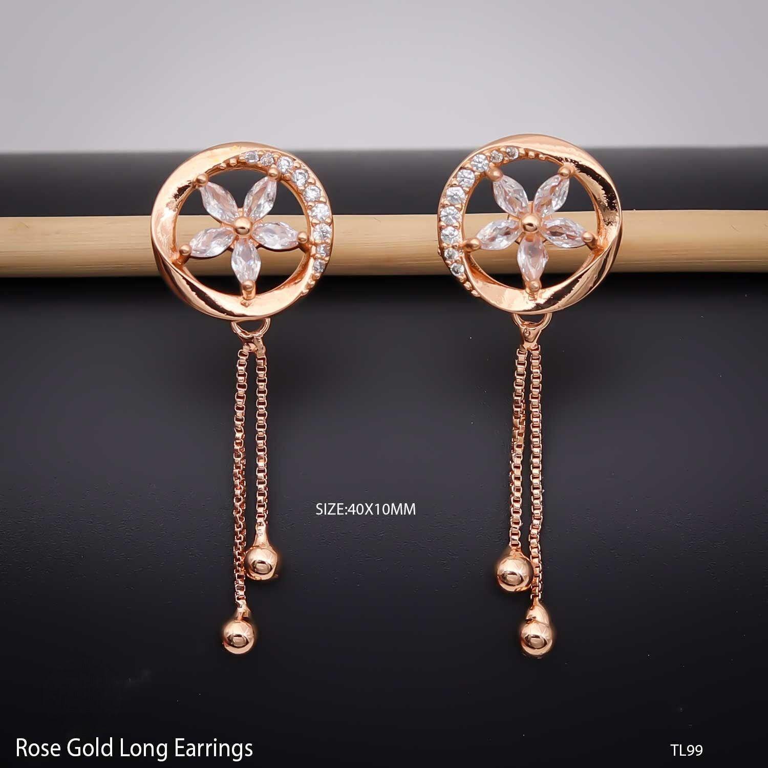 Forevershine Anti Tarnish Rose Gold Long Earrings, Flower Design With Crystal Stones, Circular Drop Dangle Style, 40x10mm|lightweight|gift For Her|for Women & Girls - Image 3