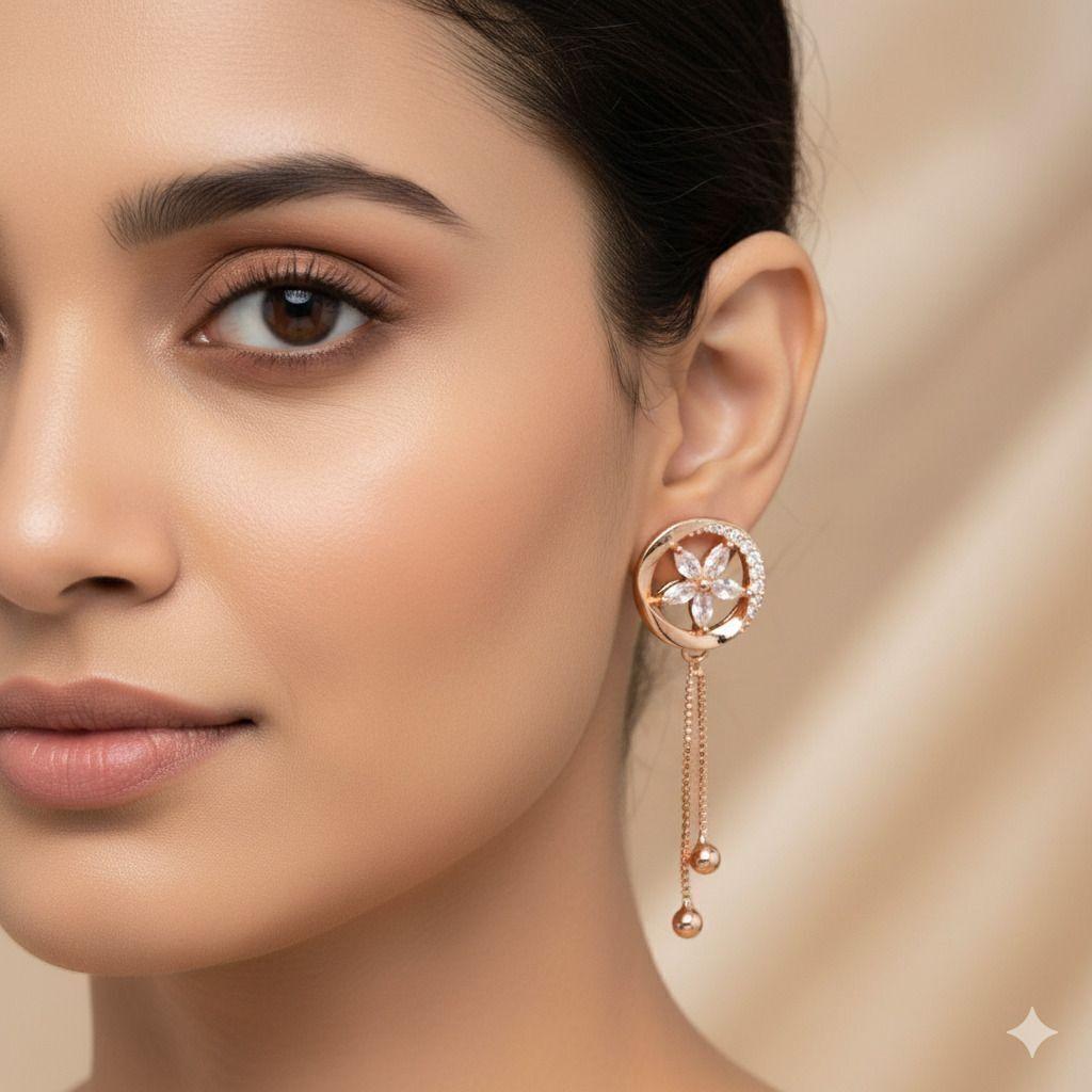 Forevershine Anti Tarnish Rose Gold Long Earrings, Flower Design With Crystal Stones, Circular Drop Dangle Style, 40x10mm|lightweight|gift For Her|for Women & Girls - Image 2