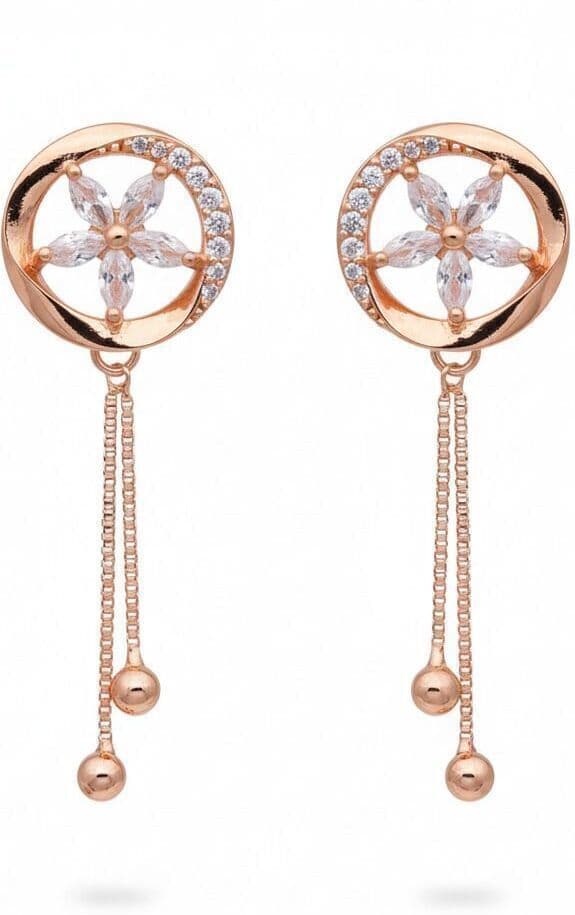 Forevershine Anti Tarnish Rose Gold Long Earrings, Flower Design With Crystal Stones, Circular Drop Dangle Style, 40x10mm|lightweight|gift For Her|for Women & Girls - Image 4
