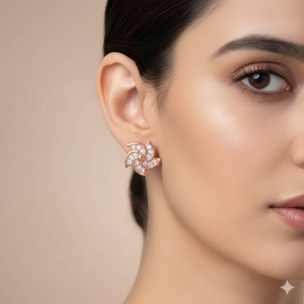 Forevershine Anti Tarnish Rose Gold Pinwheel Stud Earrings With Cubic Zirconia, Floral Design|lightweight|gift For Her|skin Friendly & Hypoallergenic|stylish Jewelry For Women & Girls - Image 2