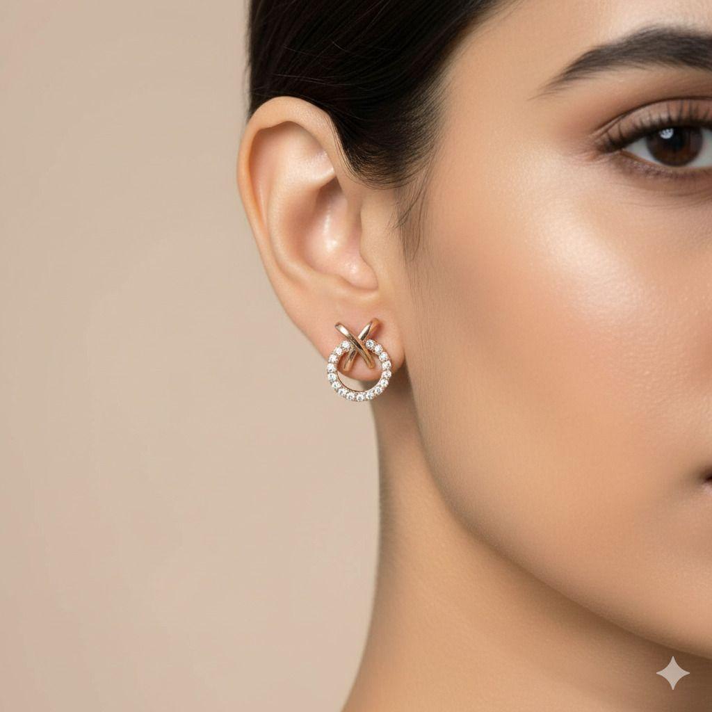 Forevershine Anti Tarnish Rose Gold Diamond Stud Earrings, Circle Design With Cross Bar, Pave Setting|lightweight|gift For Her|skin Friendly & Hypoallergenic|stylish Jewelry For Women & Girls - Image 2