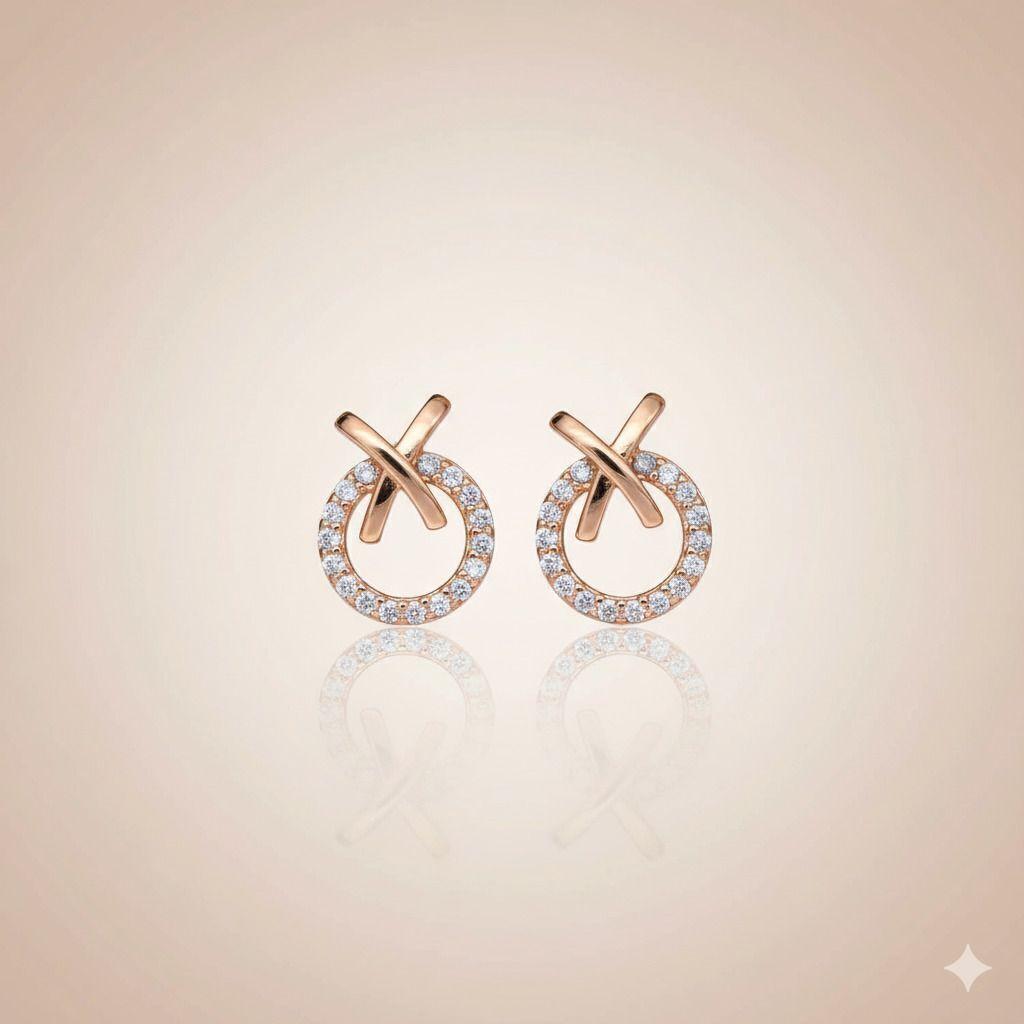 Forevershine Anti Tarnish Rose Gold Diamond Stud Earrings, Circle Design With Cross Bar, Pave Setting|lightweight|gift For Her|skin Friendly & Hypoallergenic|stylish Jewelry For Women & Girls