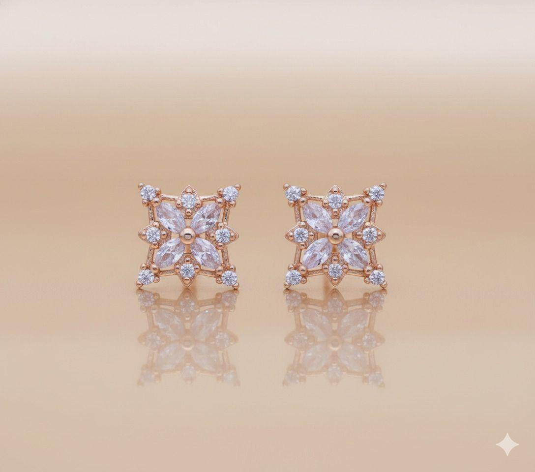 Forevershine Anti Tarnish Rose Gold Stud Earrings, Cubic Zirconia, Flower Design, Marquise Cut Stones|lightweight|gift For Her|skin Friendly & Hypoallergenic|stylish Jewelry For Women & Girls