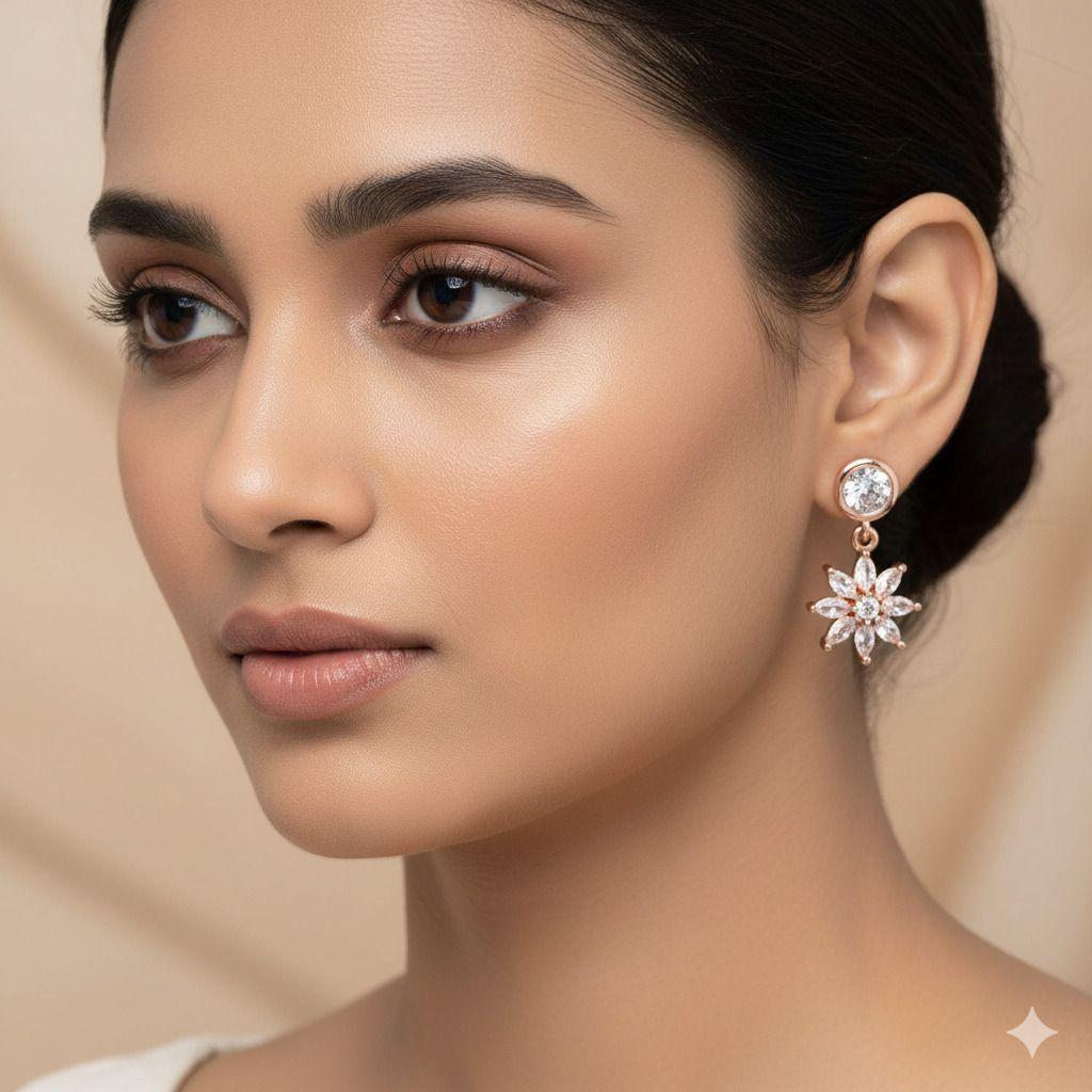 Forevershine Anti Tarnish Rose Gold Flower Stud Earrings, Cubic Zirconia Drop Dangle, Bezel Setting, Snowflake Design|lightweight|gift For Her|for Women & Girls - Image 2