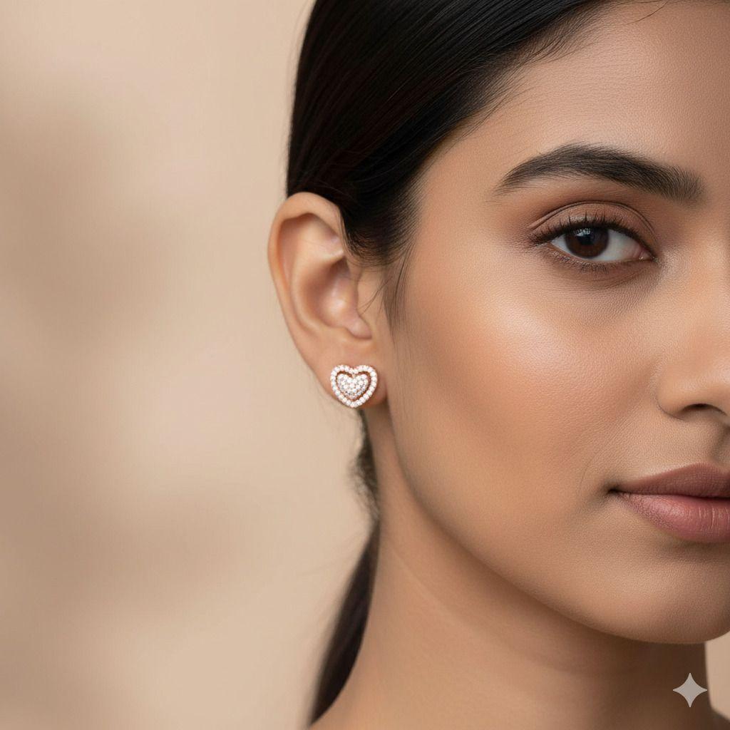 Forevershine Anti Tarnish Rose Gold Heart Stud Earrings, Pave Diamond Design, Layered Heart Shape|lightweight|gift For Her|skin Friendly & Hypoallergenic|stylish Jewelry For Women & Girls - Image 2