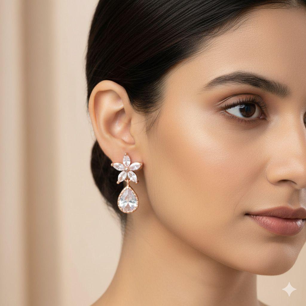 Forevershine Anti Tarnish Rose Gold Flower Drop Earrings, Cubic Zirconia, Teardrop Design, Floral Stud Dangle|lightweight|gift For Her|skin Friendly & Hypoallergenic|stylish Jewelry For Women & Girls - Image 2