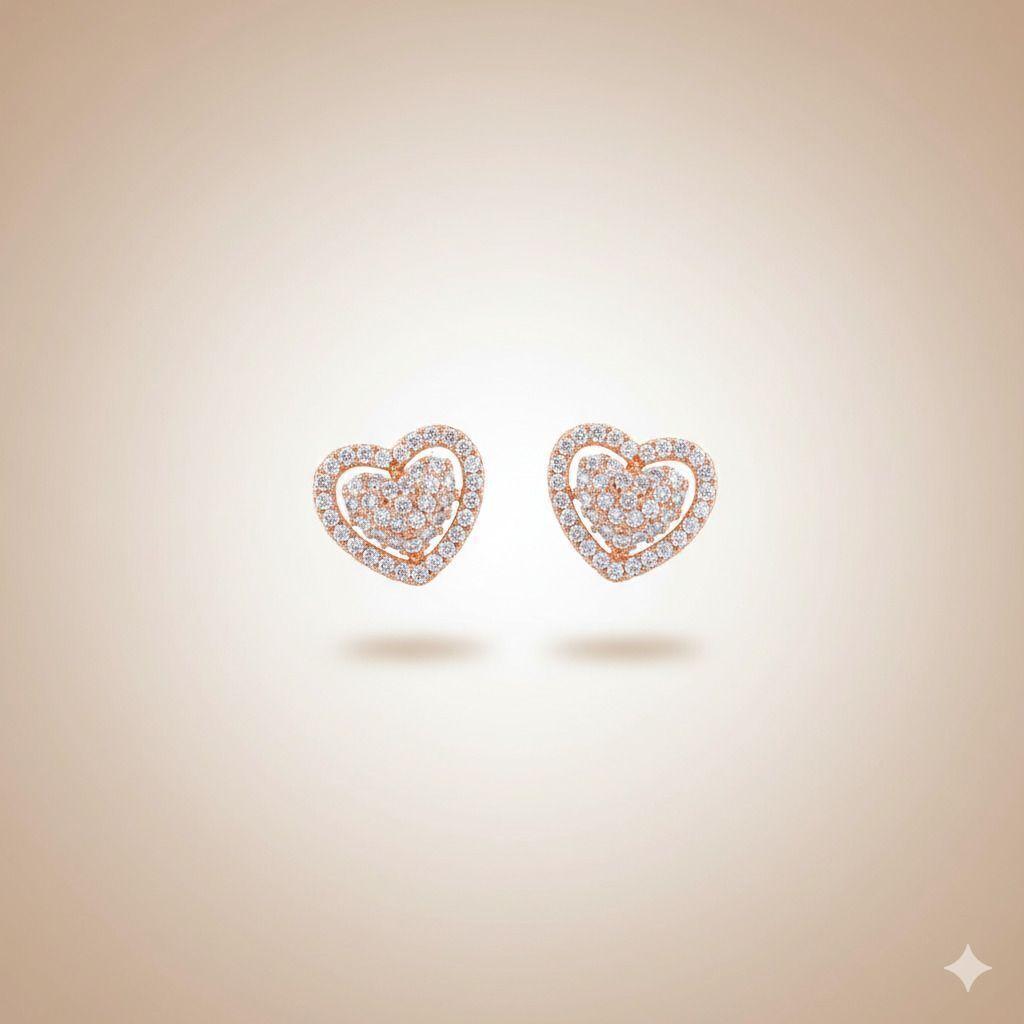 Forevershine Anti Tarnish Rose Gold Heart Stud Earrings, Pave Diamond Design, Layered Heart Shape|lightweight|gift For Her|skin Friendly & Hypoallergenic|stylish Jewelry For Women & Girls