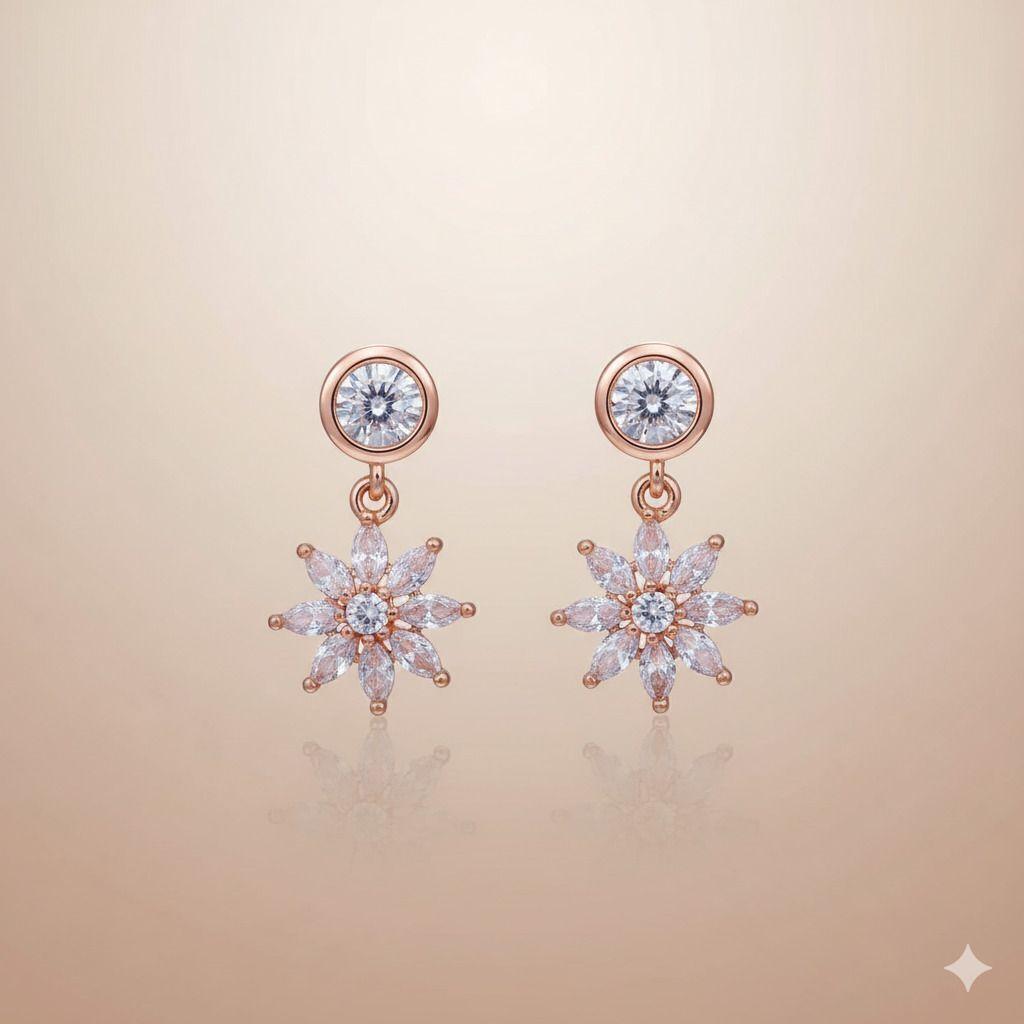 Forevershine Anti Tarnish Rose Gold Flower Stud Earrings, Cubic Zirconia Drop Dangle, Bezel Setting, Snowflake Design|lightweight|gift For Her|for Women & Girls