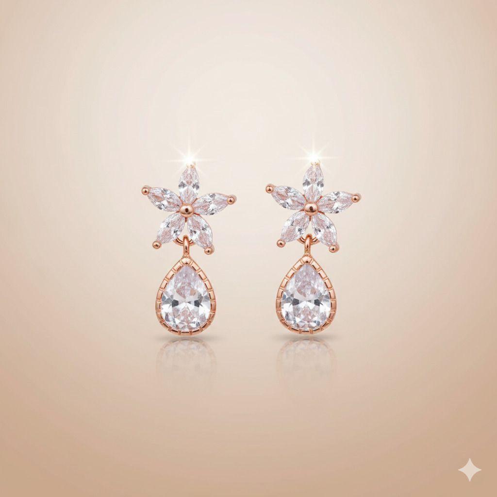 Forevershine Anti Tarnish Rose Gold Flower Drop Earrings, Cubic Zirconia, Teardrop Design, Floral Stud Dangle|lightweight|gift For Her|skin Friendly & Hypoallergenic|stylish Jewelry For Women & Girls