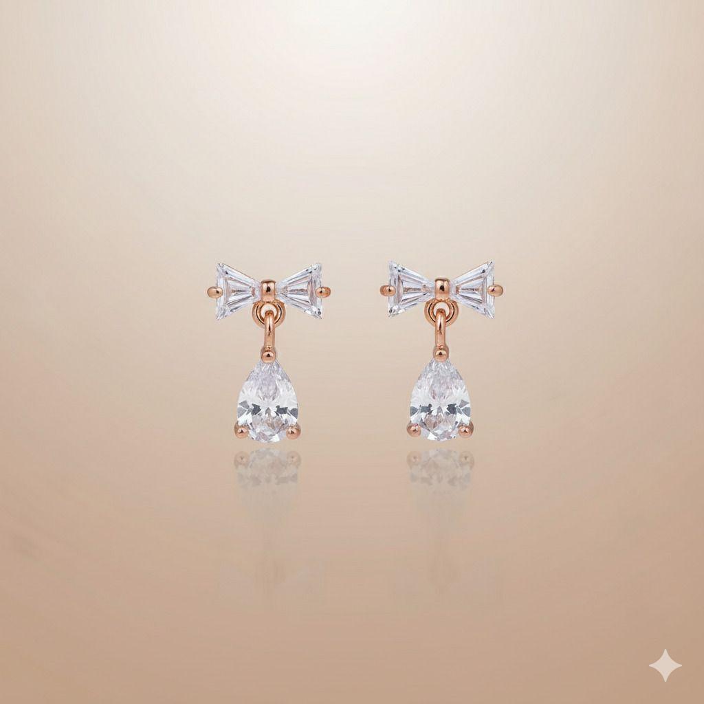 Forevershine Anti Tarnish Rose Gold Bow Earrings With Teardrop Dangle, Cubic Zirconia Crystal Studs|lightweight|gift For Her|skin Friendly & Hypoallergenic|stylish Jewelry For Women & Girls