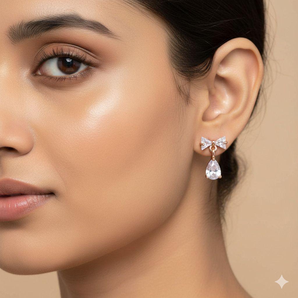 Forevershine Anti Tarnish Rose Gold Bow Earrings With Teardrop Dangle, Cubic Zirconia Crystal Studs|lightweight|gift For Her|skin Friendly & Hypoallergenic|stylish Jewelry For Women & Girls - Image 2