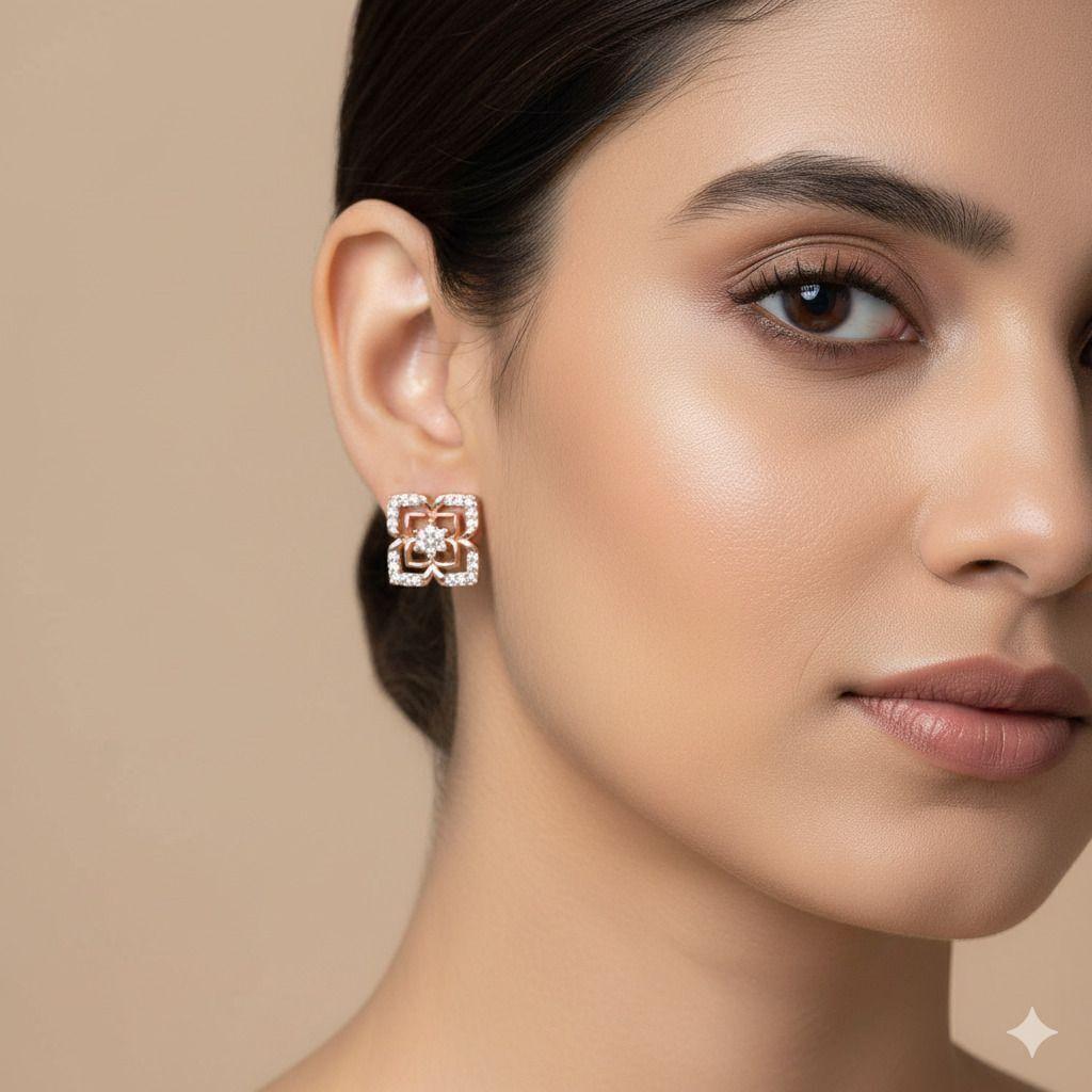 Forevershine Anti Tarnish Rose Gold Floral Stud Earrings With Crystal Stones, Square Design, Layered Flower Pattern|lightweight|gift For Her|for Women & Girls - Image 2