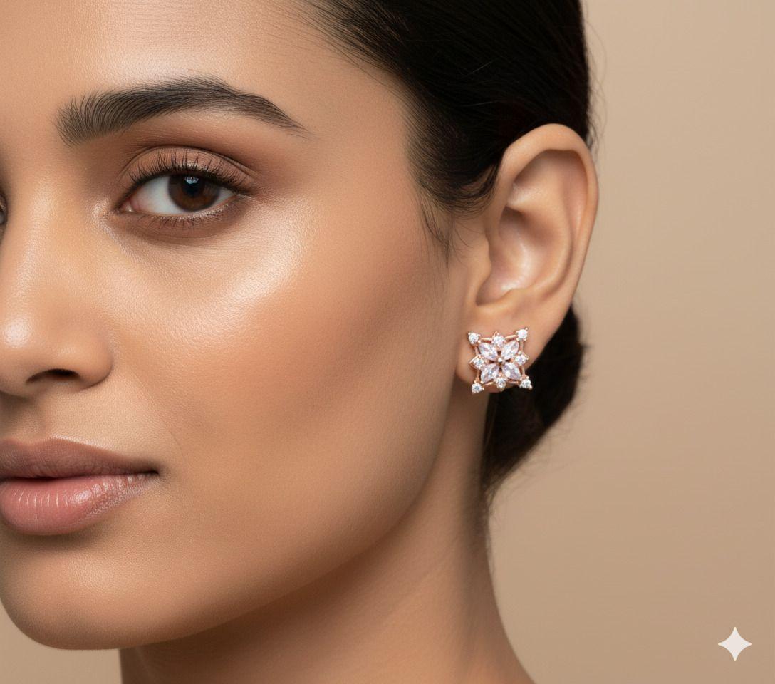 Forevershine Anti Tarnish Rose Gold Stud Earrings, Cubic Zirconia, Flower Design, Marquise Cut Stones|lightweight|gift For Her|skin Friendly & Hypoallergenic|stylish Jewelry For Women & Girls - Image 2