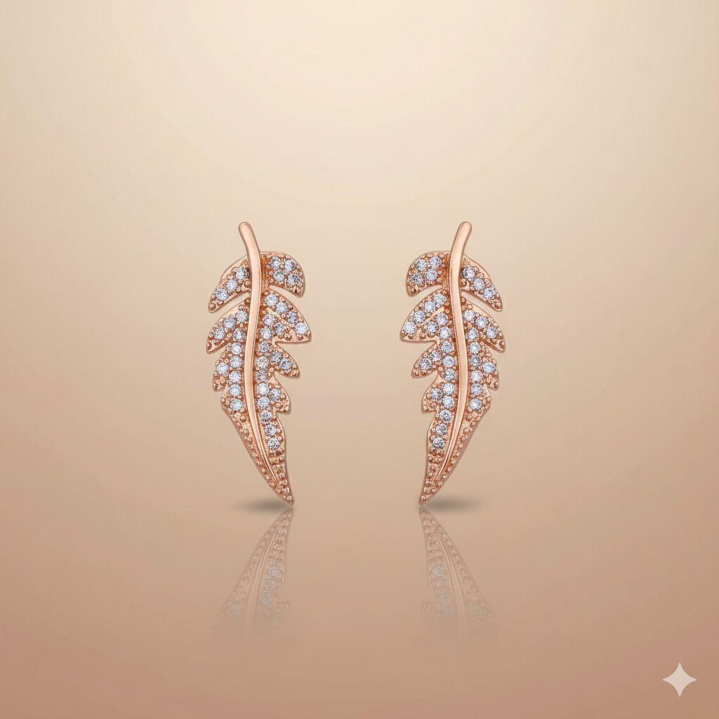Forevershine Anti Tarnish Rose Gold Leaf Earrings With Cubic Zirconia, Feather Design, Stud Style|lightweight|gift For Her|skin Friendly & Hypoallergenic|stylish Jewelry For Women & Girls