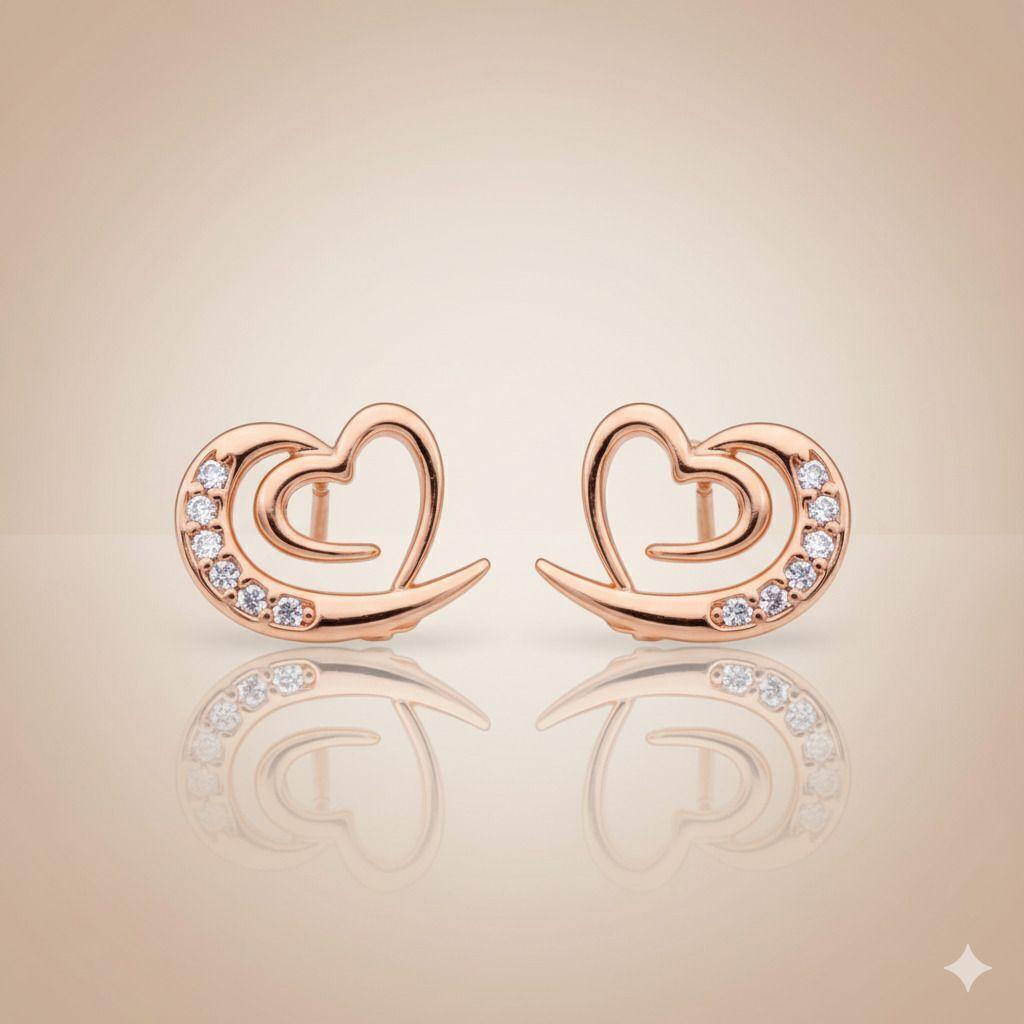 Forevershine Anti Tarnish Rose Gold Heart Stud Earrings With Cubic Zirconia Stones, Double Heart Design|lightweight|gift For Her|skin Friendly & Hypoallergenic|stylish Jewelry For Women & Girls
