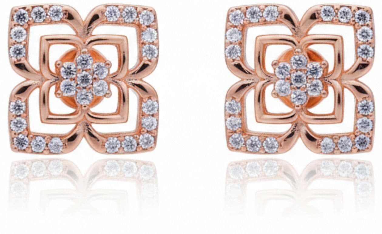 Forevershine Anti Tarnish Rose Gold Floral Stud Earrings With Crystal Stones, Square Design, Layered Flower Pattern|lightweight|gift For Her|for Women & Girls - Image 4