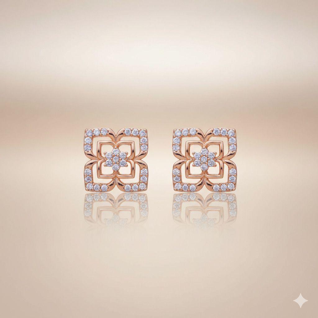 Forevershine Anti Tarnish Rose Gold Floral Stud Earrings With Crystal Stones, Square Design, Layered Flower Pattern|lightweight|gift For Her|for Women & Girls
