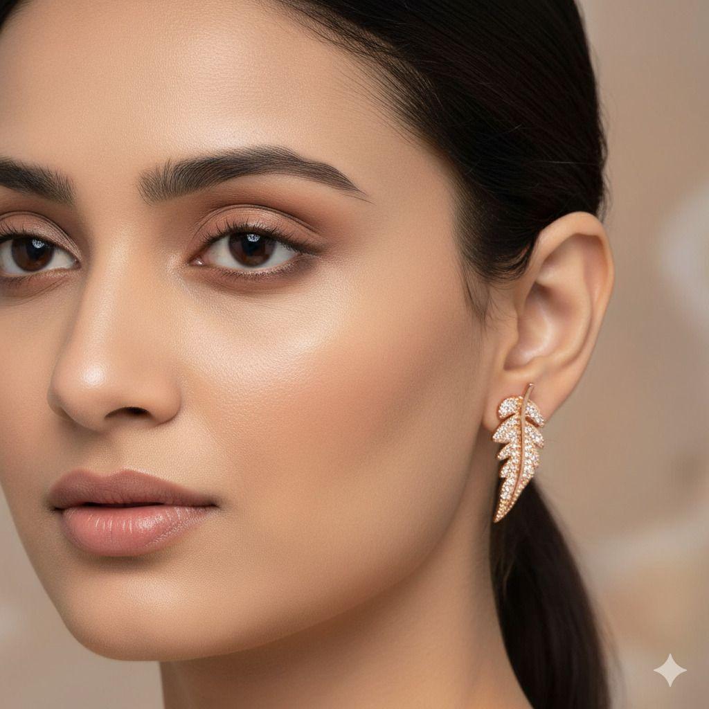 Forevershine Anti Tarnish Rose Gold Leaf Earrings With Cubic Zirconia, Feather Design, Stud Style|lightweight|gift For Her|skin Friendly & Hypoallergenic|stylish Jewelry For Women & Girls - Image 2