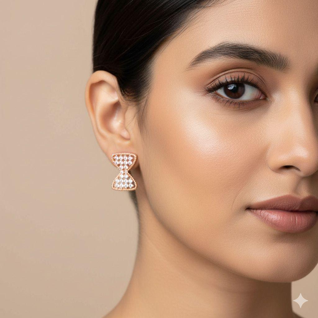 Forevershine Anti Tarnish Rose Gold Diamond Stud Earrings, Hourglass Shape, Pave Setting, White Stones|lightweight|gift For Her|skin Friendly & Hypoallergenic|stylish Jewelry For Women & Girls - Image 2