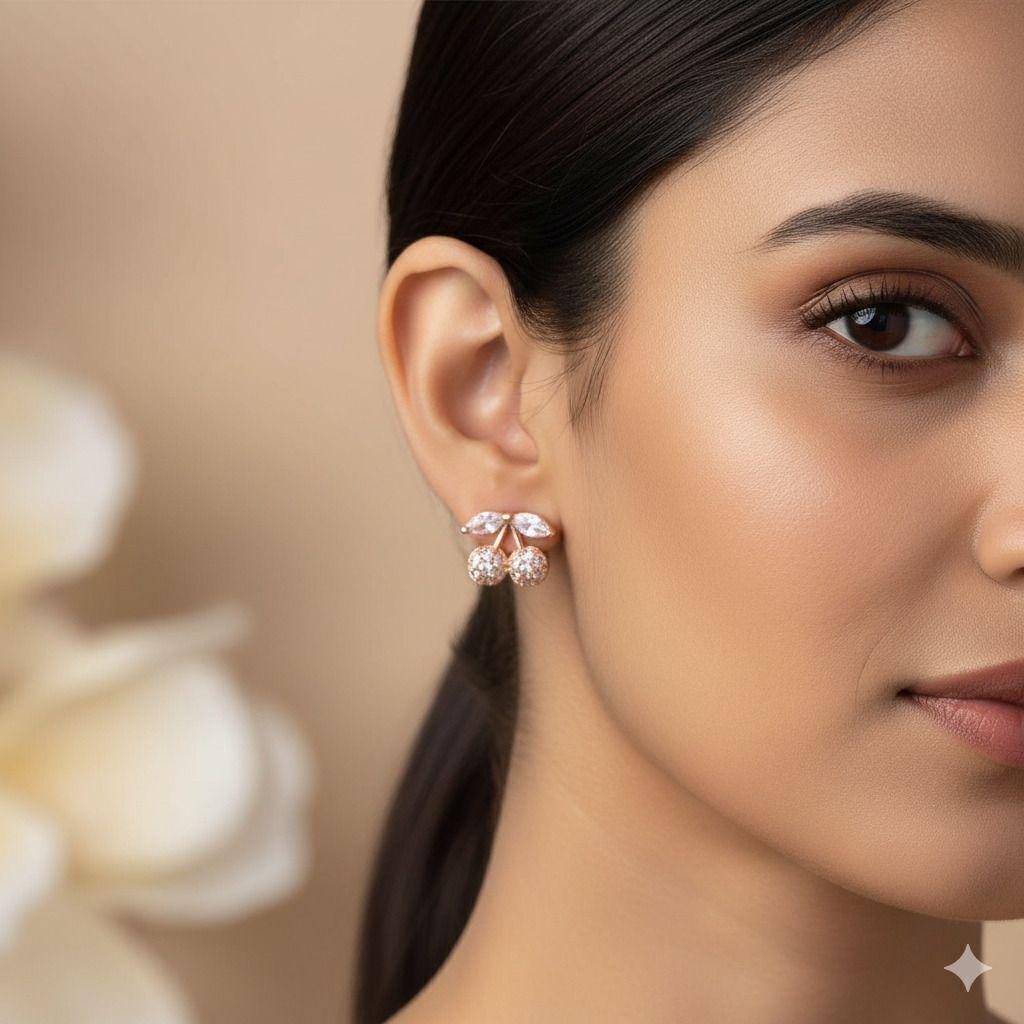 Forevershine Anti Tarnish Rose Gold Cherry Stud Earrings, Cubic Zirconia, Fruit Design, Pave Setting|lightweight|gift For Her|skin Friendly & Hypoallergenic|stylish Jewelry For Women & Girls - Image 2