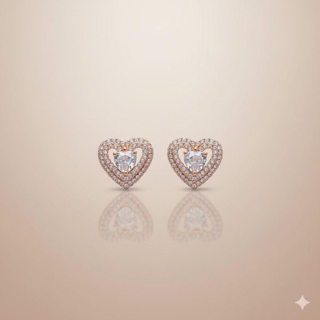Forevershine Anti Tarnish Rose Gold Heart Stud Earrings, Cubic Zirconia, Double Halo Design|lightweight|gift For Her|skin Friendly & Hypoallergenic|stylish Jewelry For Women & Girls
