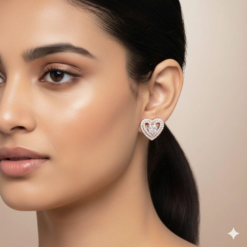 Forevershine Anti Tarnish Rose Gold Heart Stud Earrings, Cubic Zirconia, Double Halo Design|lightweight|gift For Her|skin Friendly & Hypoallergenic|stylish Jewelry For Women & Girls - Image 2