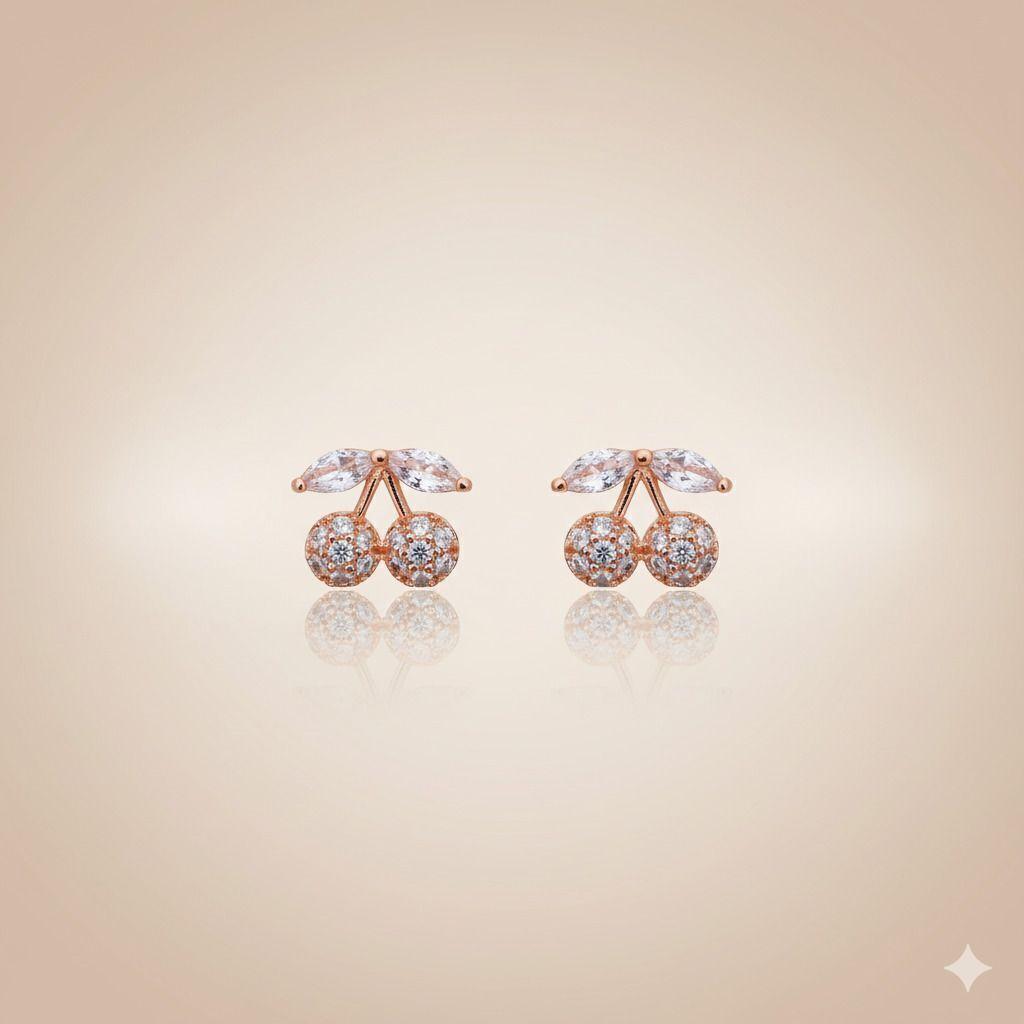 Forevershine Anti Tarnish Rose Gold Cherry Stud Earrings, Cubic Zirconia, Fruit Design, Pave Setting|lightweight|gift For Her|skin Friendly & Hypoallergenic|stylish Jewelry For Women & Girls