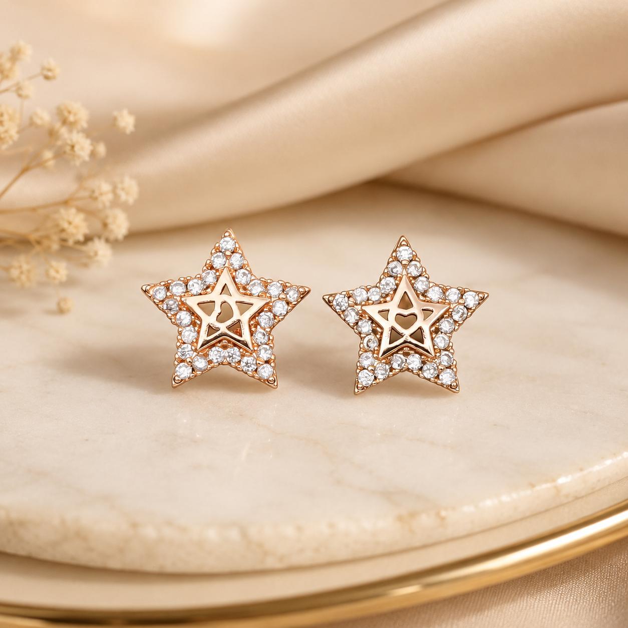 Forevershine Anti Tarnish Rose Gold Star Stud Earrings With Cubic Zirconia, Heart Design, Pave Setting|lightweight|gift For Her|skin Friendly & Hypoallergenic|stylish Jewelry For Women & Girls - Image 2