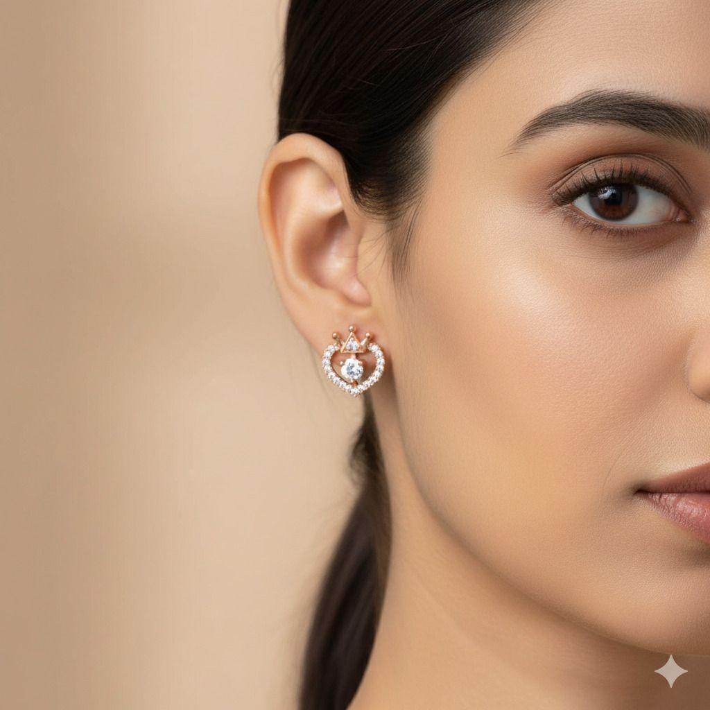 Forevershine Anti Tarnish Rose Gold Heart Crown Stud Earrings, Crystal Embellished, Princess Design|lightweight|gift For Her|skin Friendly & Hypoallergenic|stylish Jewelry For Women & Girls