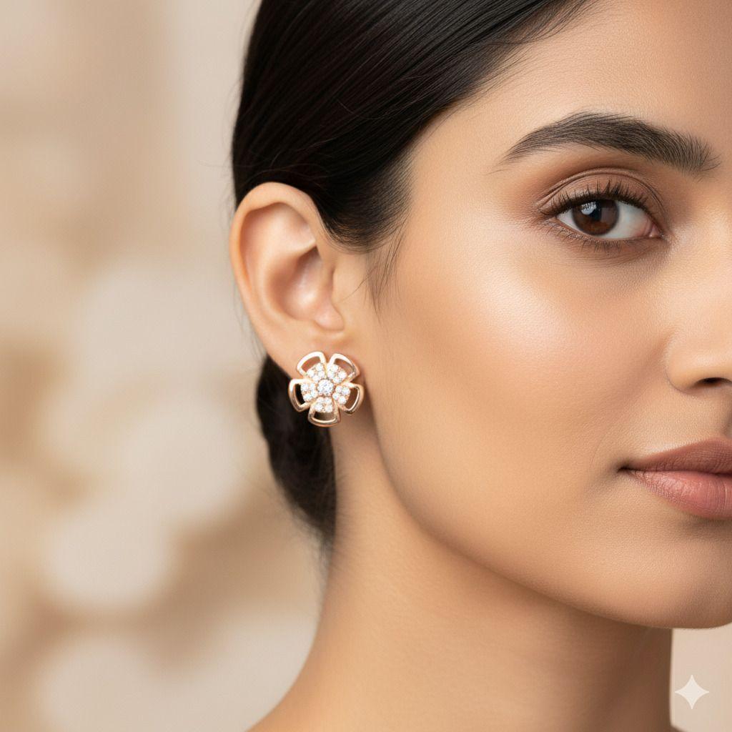 Forevershine Anti Tarnish Rose Gold Flower Stud Earrings With Diamonds, Floral Design|lightweight|gift For Her|skin Friendly & Hypoallergenic|stylish Jewelry For Women & Girls - Image 2