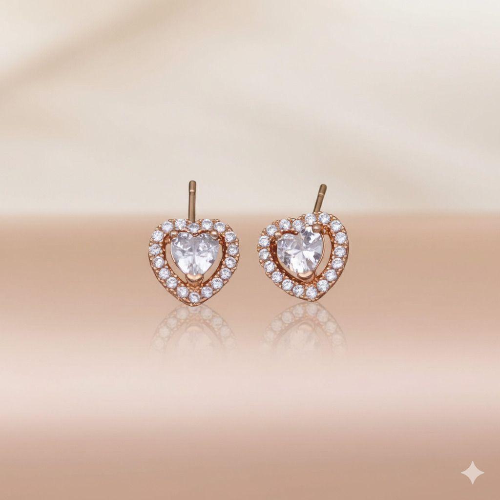 Forevershine Anti Tarnish Rose Gold Heart Stud Earrings, Cubic Zirconia Halo Design, Fashion Jewelry|lightweight|gift For Her|skin Friendly & Hypoallergenic|stylish Jewelry For Women & Girls
