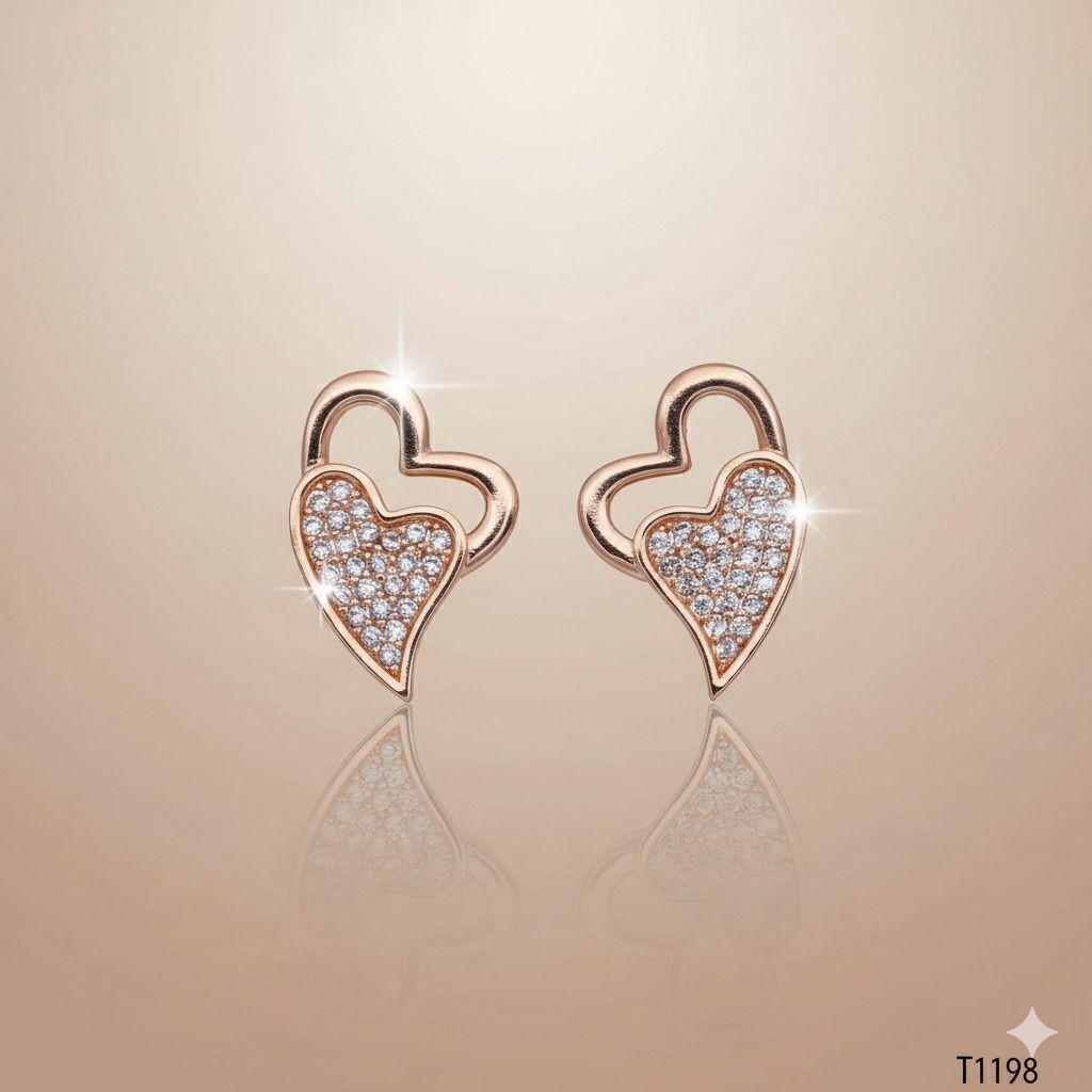 Forevershine Anti Tarnish Rose Gold Heart Stud Earrings, Pave Crystal Stones, Double Heart Design|lightweight|gift For Her|skin Friendly & Hypoallergenic|stylish Jewelry For Women & Girls
