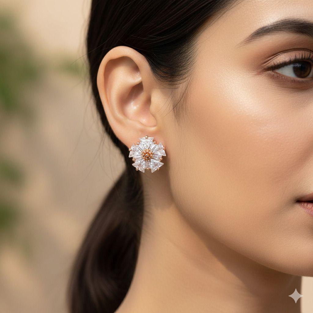 Forevershine Anti Tarnish Rose Gold Stud Earrings, Floral Design, Cubic Zirconia Stones, Starburst Pattern|lightweight|gift For Her|skin Friendly & Hypoallergenic|stylish Jewelry For Women & Girls - Image 2