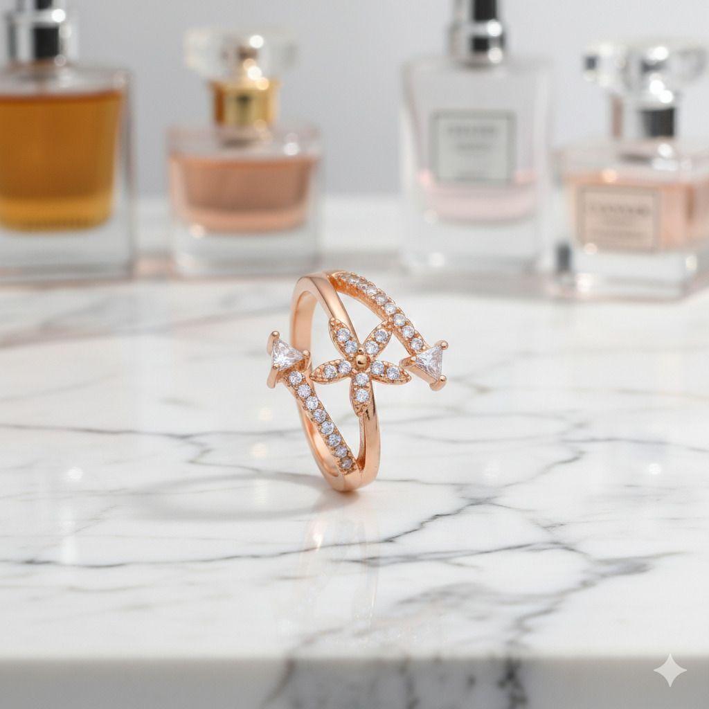 Forevershine Rose Gold Floral Adjustable Finger Ring For Women | Cubic Zirconia Studded Designer Open Ring | Elegant Flower Style Fashion Jewellery For Girls Ladies | Party Gift Accessory - Image 3