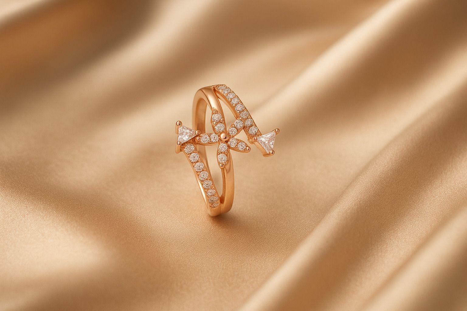 Forevershine Rose Gold Floral Adjustable Finger Ring For Women | Cubic Zirconia Studded Designer Open Ring | Elegant Flower Style Fashion Jewellery For Girls Ladies | Party Gift Accessory