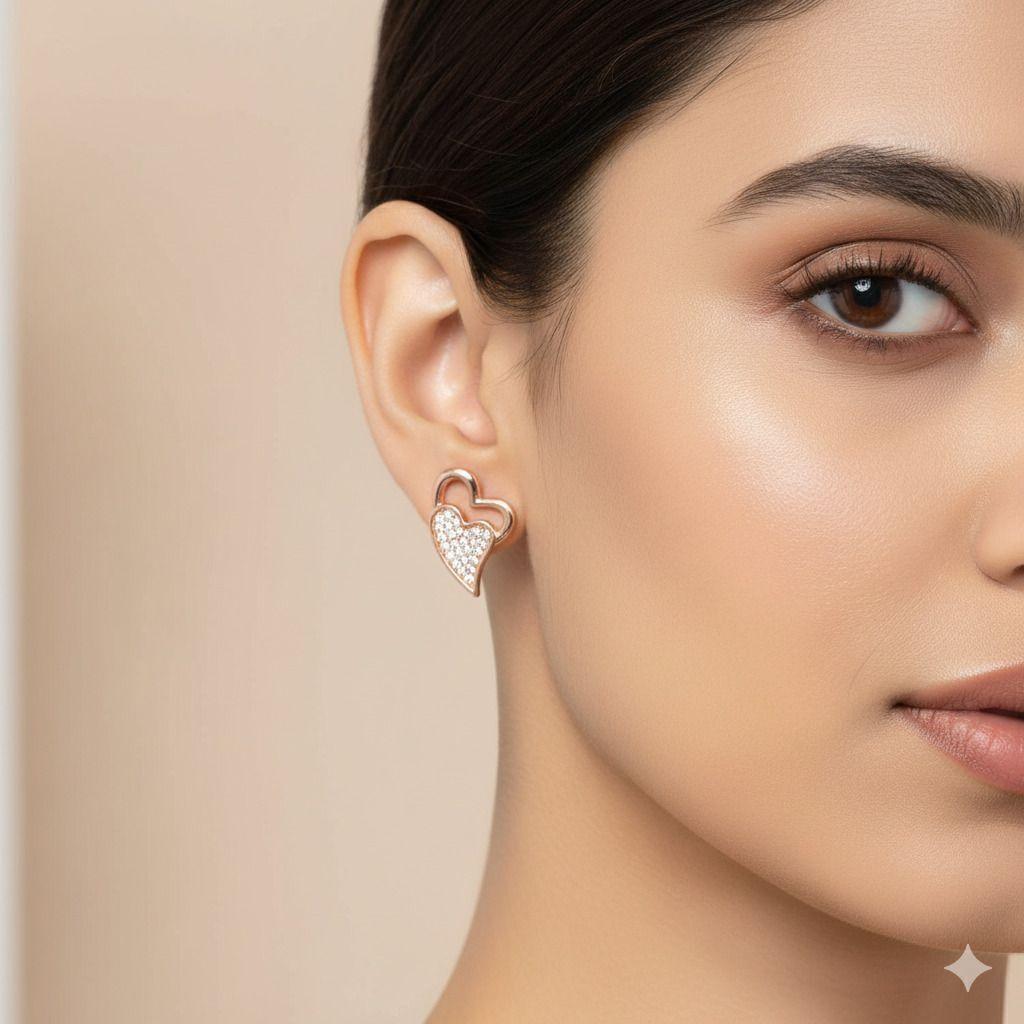 Forevershine Anti Tarnish Rose Gold Heart Stud Earrings, Pave Crystal Stones, Double Heart Design|lightweight|gift For Her|skin Friendly & Hypoallergenic|stylish Jewelry For Women & Girls - Image 2