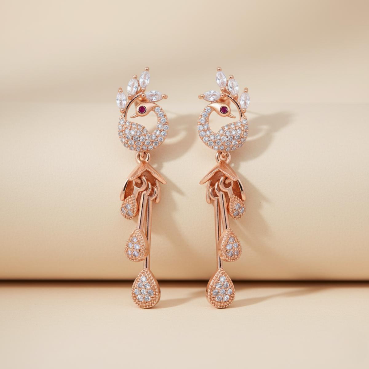 Forevershine Anti Tarnish Rose Gold Plated Sparkling Peacock Cz Jhumki Drop Earrings|lightweight|gift For Her|skin Friendly & Hypoallergenic|stylish Jewelry For Women & Girls