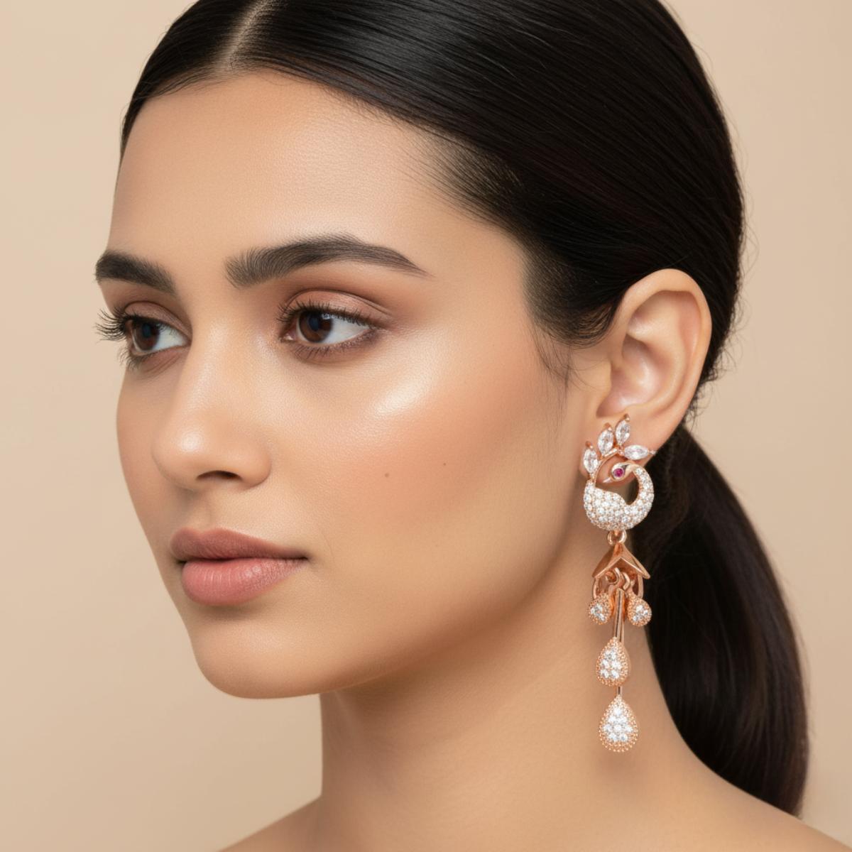 Forevershine Anti Tarnish Rose Gold Plated Sparkling Peacock Cz Jhumki Drop Earrings|lightweight|gift For Her|skin Friendly & Hypoallergenic|stylish Jewelry For Women & Girls - Image 2