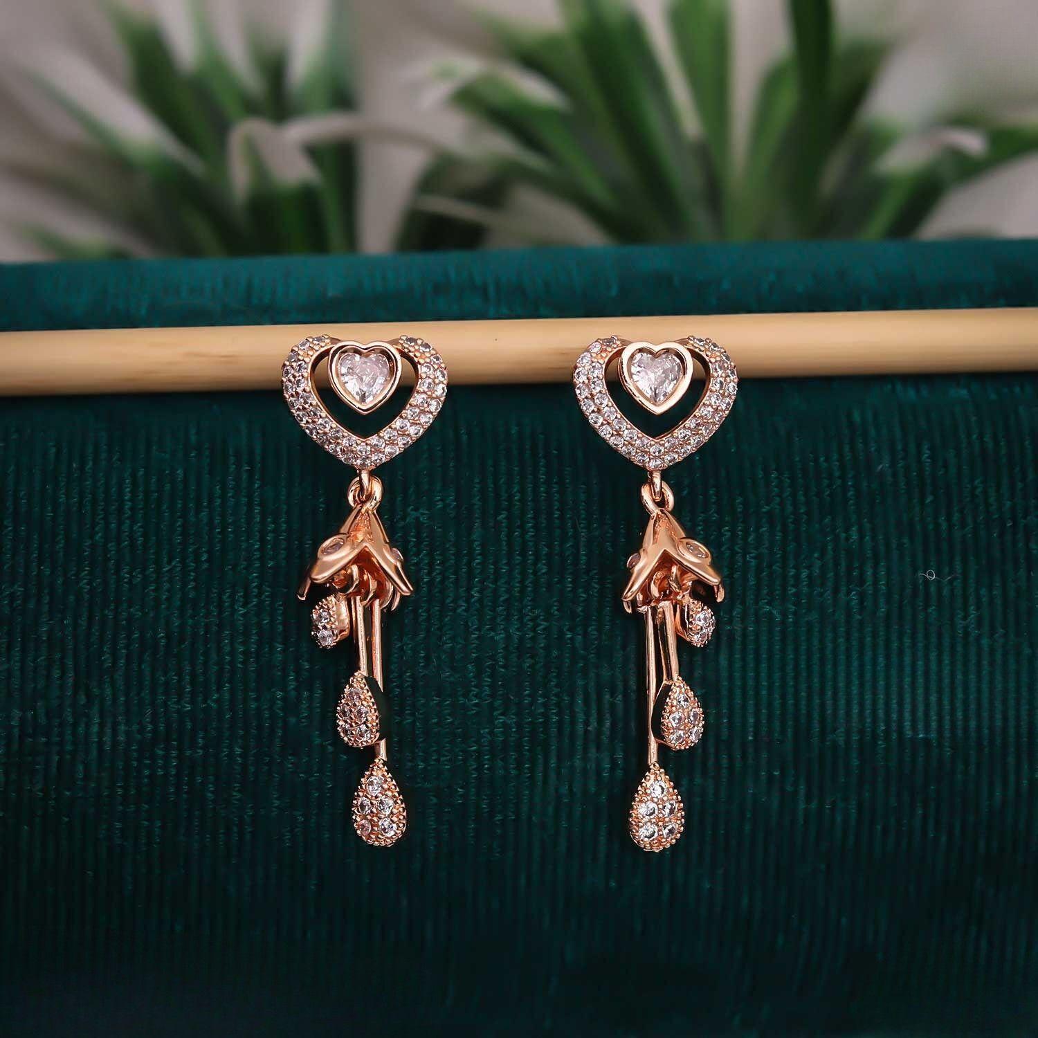 Forevershine Anti Tarnish Golden Plated Cz Heart Stud Dangle Drop Earrings | Long Jhumki Style|lightweight|gift For Her|skin Friendly & Hypoallergenic|stylish Jewelry For Women & Girls - Image 2