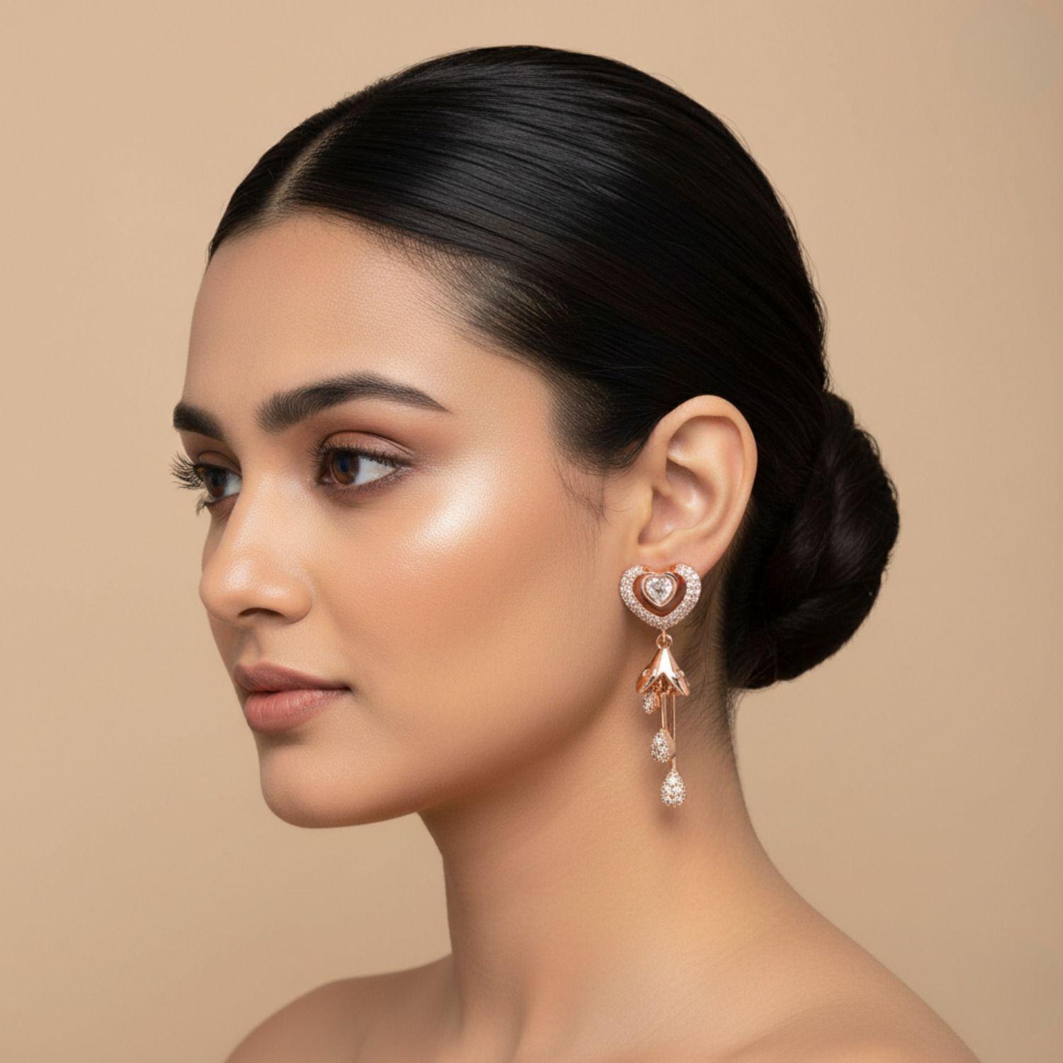 Forevershine Anti Tarnish Golden Plated Cz Heart Stud Dangle Drop Earrings | Long Jhumki Style|lightweight|gift For Her|skin Friendly & Hypoallergenic|stylish Jewelry For Women & Girls