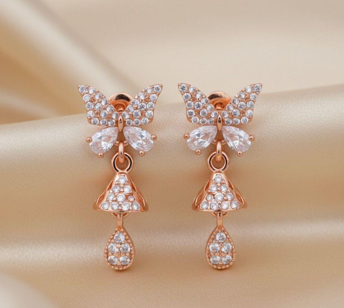 Forevershine Anti Tarnish Rose Gold Plated Butterfly Stud Cz Jhumki Drop Earrings Jewellery|gifts|wedding And Christmas Gifts|lightweight|gift For Her|for Women & Girls