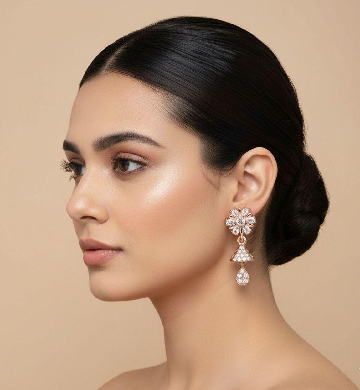 Forevershine Anti Tarnish Golden Plated Floral Stud Cz Jhumki Drop Earrings Gifts|wedding And Christmas Gifts|lightweight|gift For Her|skin Friendly & Hypoallergenic|stylish Jewelry For Women & Girls - Image 3