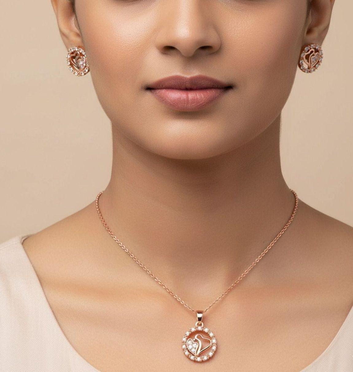 Forevershine Rose Gold Plated Cubic Zirconia Pendant Necklace & Earring Set – Luxury Women’s Jewelry Set