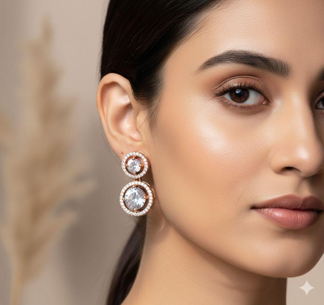 Forevershine Anti Tarnish Rose Gold Double Circle Drop Earrings, Cubic Zirconia Halo Design, Prong Setting|lightweight|gift For Her|skin Friendly & Hypoallergenic|stylish Jewelry For Women & Girls - Image 2