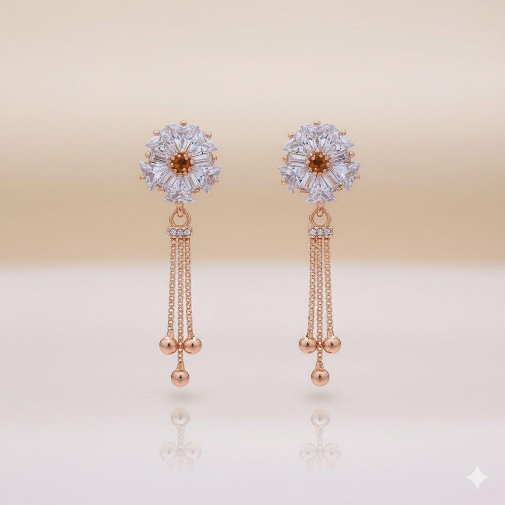Forevershine Anti Tarnish Rose Gold Crystal Flower Long Earrings, Tassel Drop Dangle, Baguette Stone Stud, Premium Ad Jewelry|lightweight|gift For Her|for Women & Girls