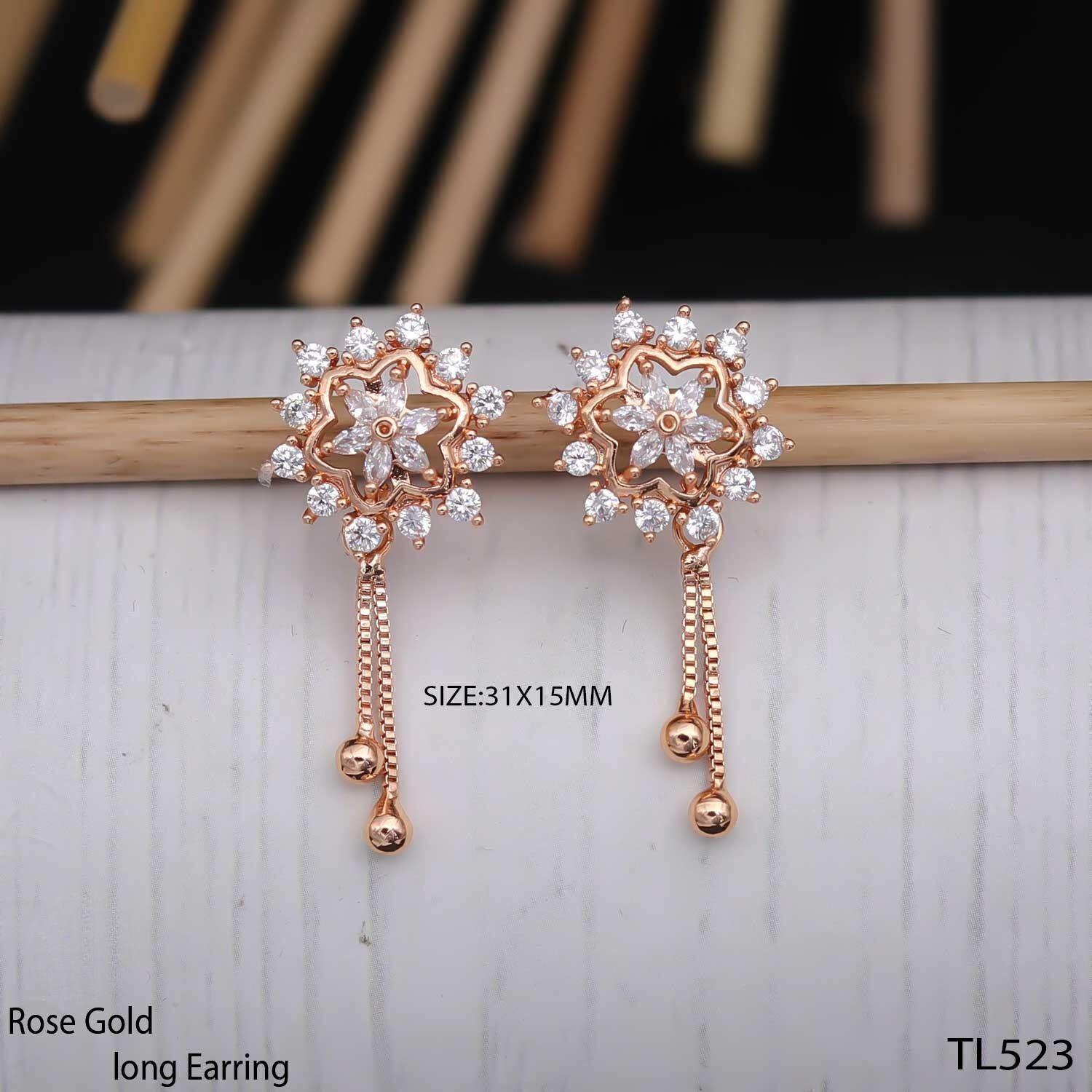 Forevershine Anti Tarnish Rose Gold Long Earrings, Floral Star Design With Cubic Zirconia, Dangle Drop Style, 31x15mm|lightweight|gift For Her|for Women & Girls - Image 3