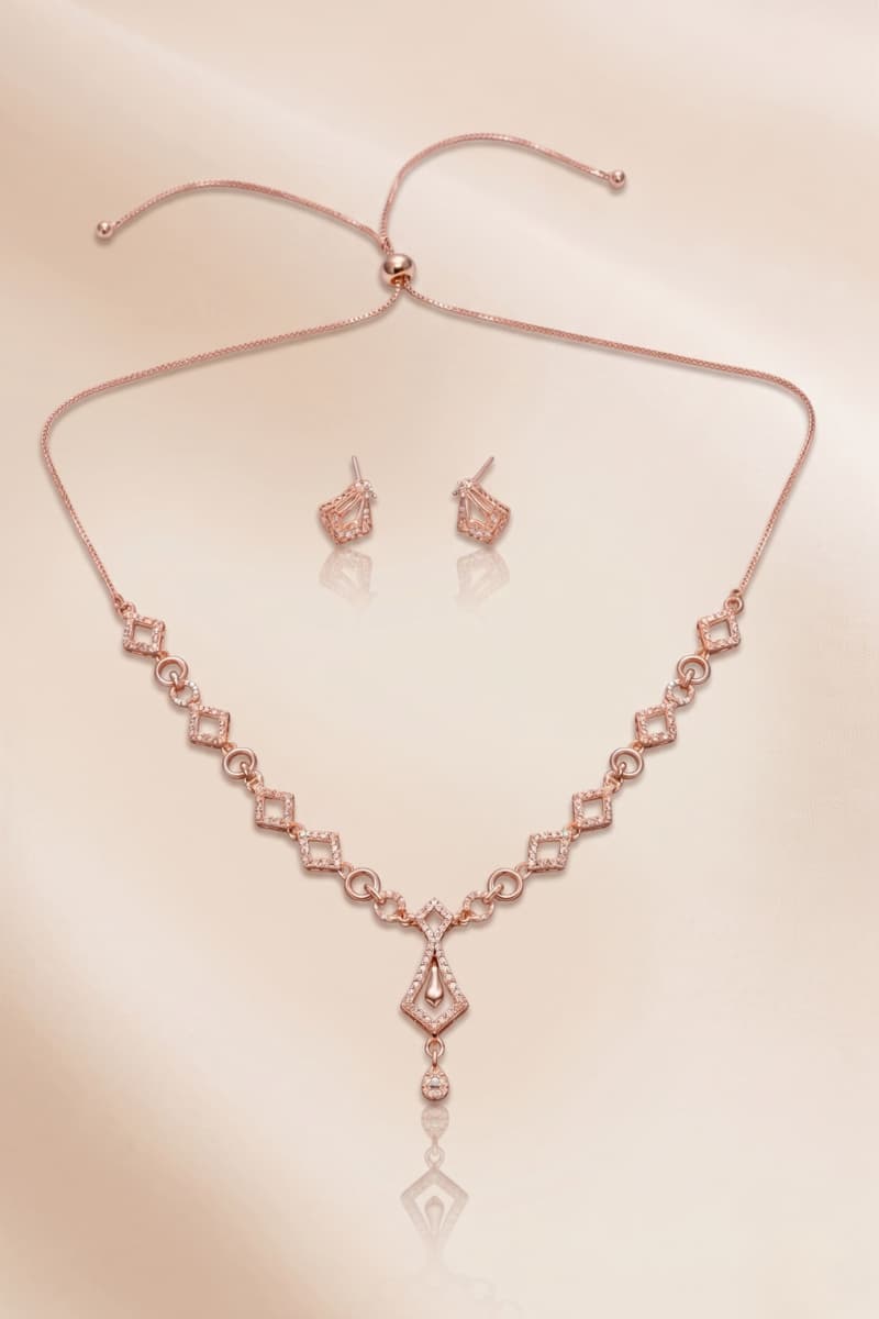 Forevershine Rose Gold Necklace And Earrings Set, Adjustable Chain With Crystal Embellished Geometric Design, Matching Stud Earrings|lightweight | Hypoallergenic |anti Tarnish|stylish Jewelry For Women & Girls