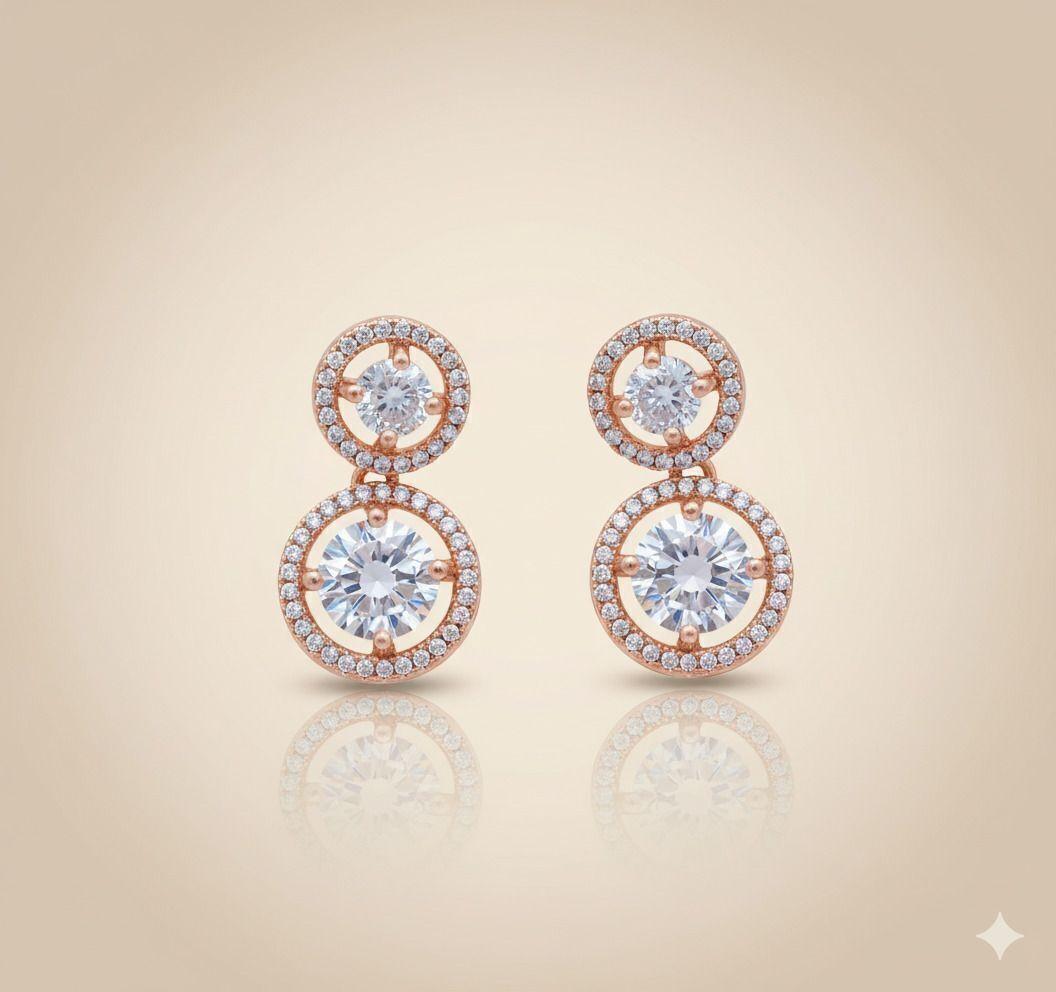 Forevershine Anti Tarnish Rose Gold Double Circle Drop Earrings, Cubic Zirconia Halo Design, Prong Setting|lightweight|gift For Her|skin Friendly & Hypoallergenic|stylish Jewelry For Women & Girls