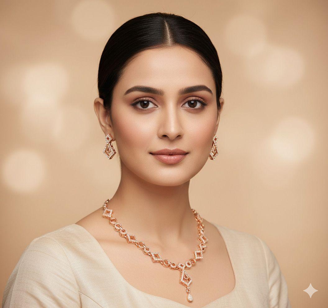 Forevershine Rose Gold Necklace And Earrings Set, Adjustable Chain With Crystal Embellished Geometric Design, Matching Stud Earrings|lightweight | Hypoallergenic |anti Tarnish|stylish Jewelry For Women & Girls - Image 2